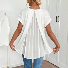 Spring Women's V-neck Short Sleeve Top with Back Pleats