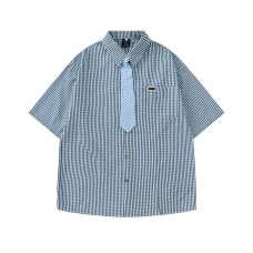 Color blocking plaid tie short sleeved