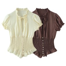 Elastic lace up pleated bow decoration top Elastic lace up pleated bow decoration top
