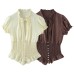 Elastic lace up pleated bow decoration top