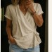 Casual Solid Color Short Sleeve Top for Women, Flip Collar with Tie Irregular Hem