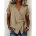 Casual Solid Color Short Sleeve Top for Women, Flip Collar with Tie Irregular Hem