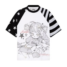 Short Sleeve Women's Color-Blocked Shoulder Sleeve Loose Streetwear Sweet