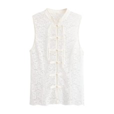 Knot buckle embossed lace sleeveless top