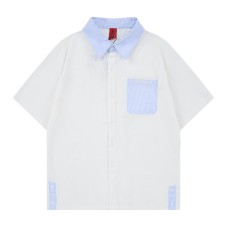 Color blocking hem with side button short sleeves