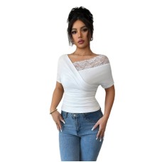 Slanted shoulder lace patchwork V-neck irregular off shoulder top for women