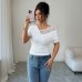 Slanted shoulder lace patchwork V-neck irregular off shoulder top for women