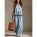Simple Casual Cotton Linen Ruffle Sleeveless Wide Leg Set Women's Two-Piece Outfit