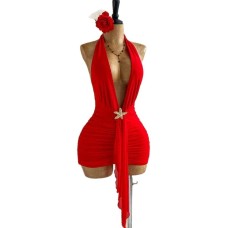 Pure Seductive Deep V Neck Strap Dress with Starfish Decoration, Ribbon Ruffles Short Dress
