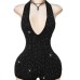 Deep V Backless Rhinestone Bodycon Mini Dress with Halter Neckline