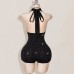 Deep V Backless Rhinestone Bodycon Mini Dress with Halter Neckline