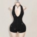 Deep V Backless Rhinestone Bodycon Mini Dress with Halter Neckline