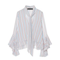 Thin striped ruffle edge ribbon long sleeved top