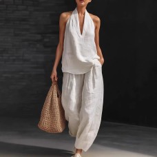 Fashionable Solid Color Strapless V-Neck Sleeveless Casual Two-Piece Set for Women Fashionable Solid Color Strapless V-Neck Sleeveless Casual Two-Piece Set for Women