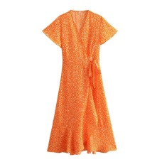 Vacation style elegant daisy water print V-neck dress