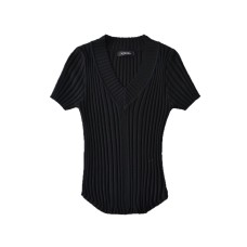 High Elastic Black V-Neck Knitted Short Sleeve Top for Women