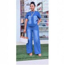 Fashion Washed Blue Loose Short Sleeve Denim Women's Set Casual Style