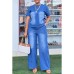 Fashion Washed Blue Loose Short Sleeve Denim Women's Set Casual Style