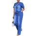 Fashion Washed Blue Loose Short Sleeve Denim Women's Set Casual Style