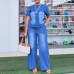 Fashion Washed Blue Loose Short Sleeve Denim Women's Set Casual Style