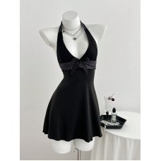 V-neck hanging neck strap slim fit dress