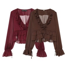 French-style sheer irregular ruffled V-neck top