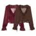 French-style sheer irregular ruffled V-neck top