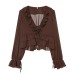 French-style sheer irregular ruffled V-neck top