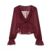 French-style sheer irregular ruffled V-neck top