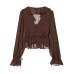 French-style sheer irregular ruffled V-neck top