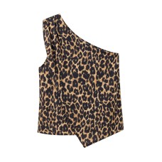 Spicy girl irregular leopard print sloping shoulder sleeveless top