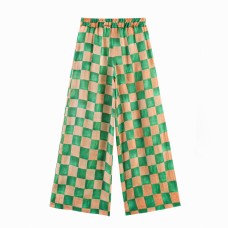 Minimalist style ramie checkered wide leg pants