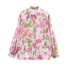 Flower print silk satin lantern sleeve shirt Flower print silk satin lantern sleeve shirt