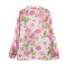 Flower print silk satin lantern sleeve shirt