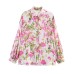 Flower print silk satin lantern sleeve shirt