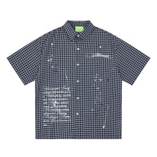 Grid patterned splashed ink text short sleeved shirt