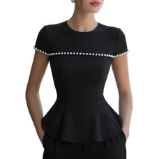 Solid color round neck short sleeved top