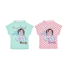 Sweet Style Cartoon Graffiti Mesh T-Shirt Color-Blocked Plaid Ruffle Trim Fitted Bodysuit