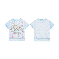 Sweet Style Cartoon Graffiti Mesh T-Shirt Color-Blocked Plaid Ruffle Trim Fitted Bodysuit
