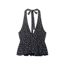 Polka lace V-neck lace up backless halter top