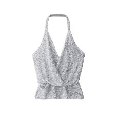 Spicy girl pleated bead decoration hanging neck top
