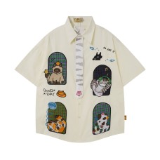 Cat Window View Embroidered Short Sleeve