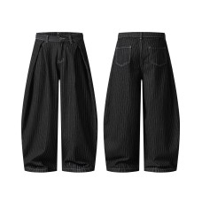 Pleated Stripe Casual Pants Loose Wide-Leg Knife-Edge Silhouette Slimming Casual Pants