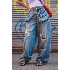 Straight Leg Jeans with Layered Waist Design and Ripped Details