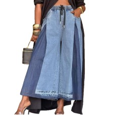 Street Style Elastic Drawstring Pleated Color-Blocked Wide Leg Cropped Jeans