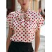 Bow collar polka dot short sleeved top