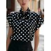 Bow collar polka dot short sleeved top