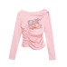 Cartoon Print Off-Shoulder Basic Top, One-Shoulder Gathered Waist Slimming Sweet and Spicy Style Top