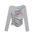 Cartoon Print Off-Shoulder Basic Top, One-Shoulder Gathered Waist Slimming Sweet and Spicy Style Top