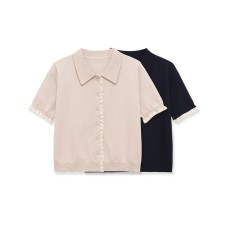 Short sleeved polo collar border knit top